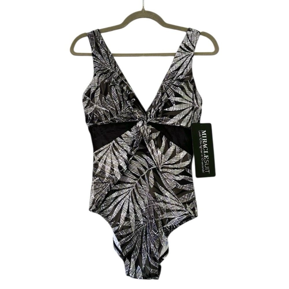 MIRACLESUIT Twist of Fate 1 PC V Neck Mesh Cut Out Swimsuit Palm Print NWT